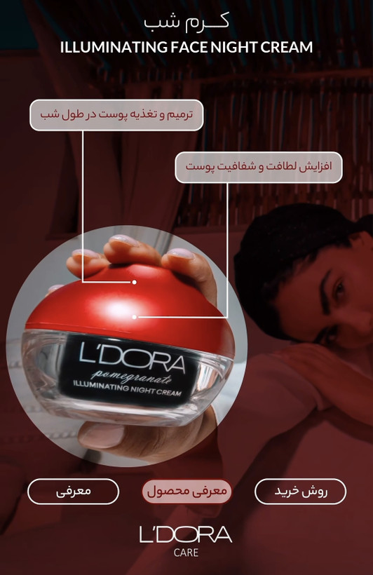 کرم روشن کننده شب صورت و گردن انار مناسب انواع پوست لدورا، 50 میلی لیتر